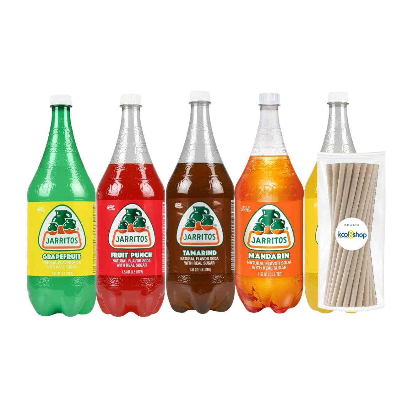 Jarritos Variety Collection Mexican Soft Soda Drink Flavors May Vary 1.5 Lt Plastic Bottles 5-Pack + 15 Sugarcane Disposable Straws by KOOL8SHOP Infinite Deals