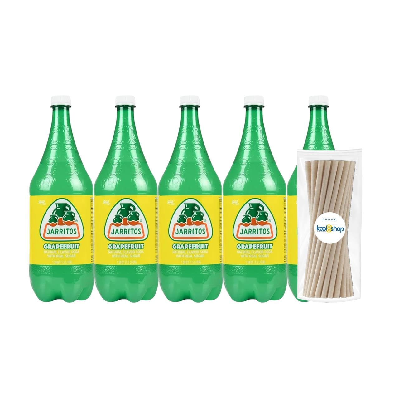 Jarritos Variety Collection Mexican Soft Soda Drink Flavors May Vary 1.5 Lt Plastic Bottles 5-Pack + 15 Sugarcane Disposable Straws by KOOL8SHOP Infinite Deals