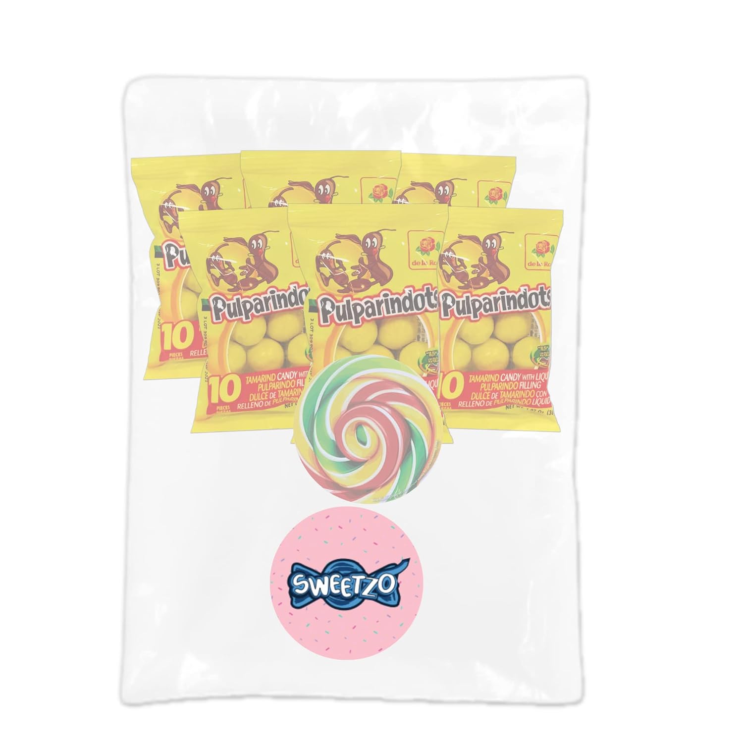 Sweetzo Pulparindo Mexican Candy Sweet and Salty Tamarind Pulp Individual Single Serving On the Go Bags, Hard Shell Soft Candies Filled Center (Pack of 6)
