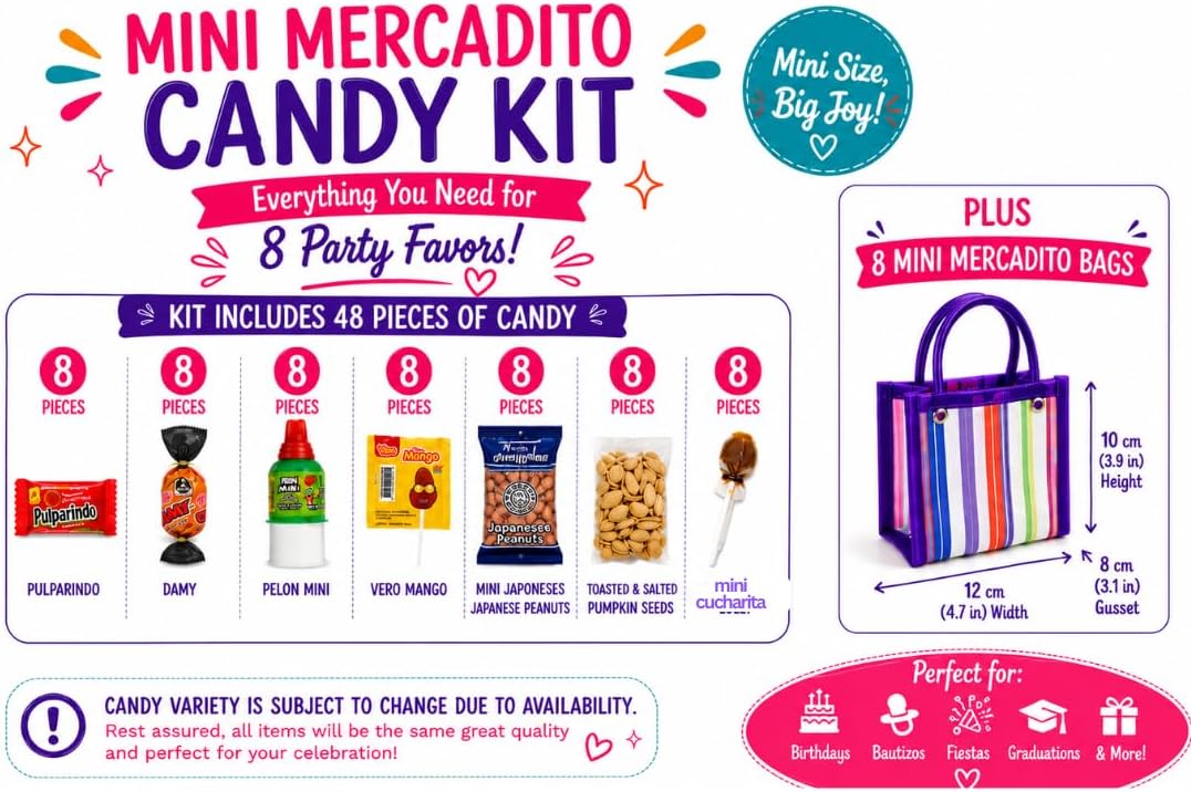 Mini Mercado Bags & Mexican Candy Kit – 8 Mercado Bags & 48 Pieces of Dulces Mexicanos, Dulceros 4" inch Fiesta Party Favors, Bolos, Candy Variety Pack Favor Kit for Birthdays, Bautizos, Candy Mix