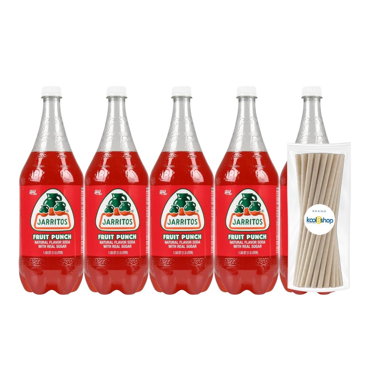 Jarritos Variety Collection Mexican Soft Soda Drink Flavors May Vary 1.5 Lt Plastic Bottles 5-Pack + 15 Sugarcane Disposable Straws by KOOL8SHOP Infinite Deals