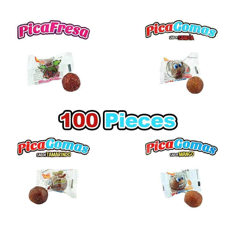 Vero Pica Fresa Pica Goma Mix 100 Pcs - Includes Strawberry, Tamarindo, Watermelon, Mango Spicy Mexican Candy Dulces Mexicanos Assorted Variety Pack, Gomitas, Dulces Vero