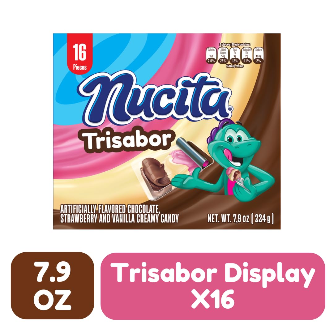 Nucita Trisabor, 3-Flavor Creamy Candy, 7.9 oz (16 Pack) | Chocolate, Strawberry & Vanilla Spreadable Candy