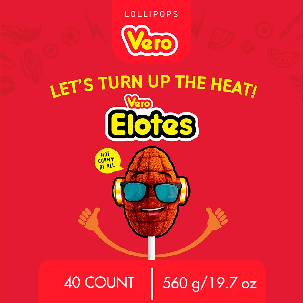 Vero Elotes Strawberry Flavored Lollipops Coated with Chili Powder 40 Count Bag (Net Wt. 22.4 Ounces) - Corn Shaped Mexican Candy - Individually Wrapped Lollipops for Piñatas, Halloween, and More.