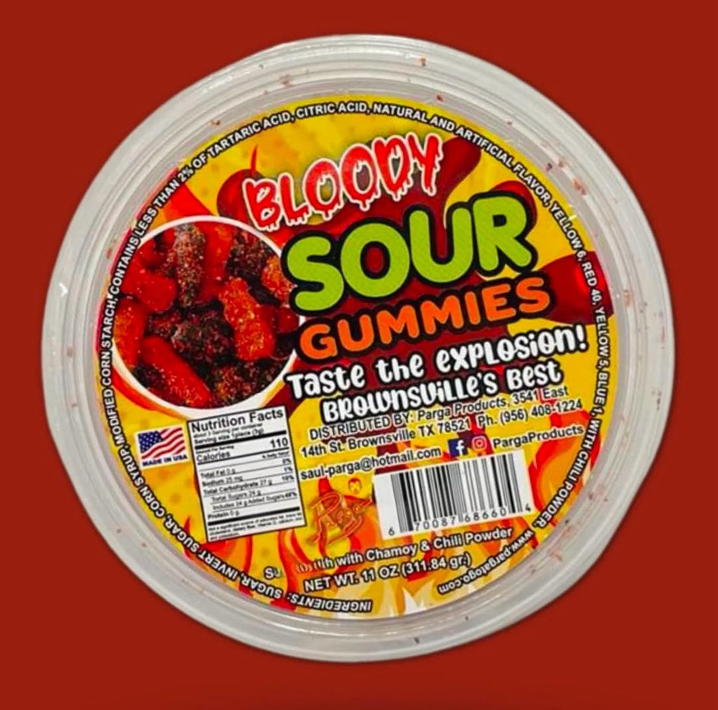 bloody sour kiddos gummys mexican dulces enchilados w/chamoy dip 11oz