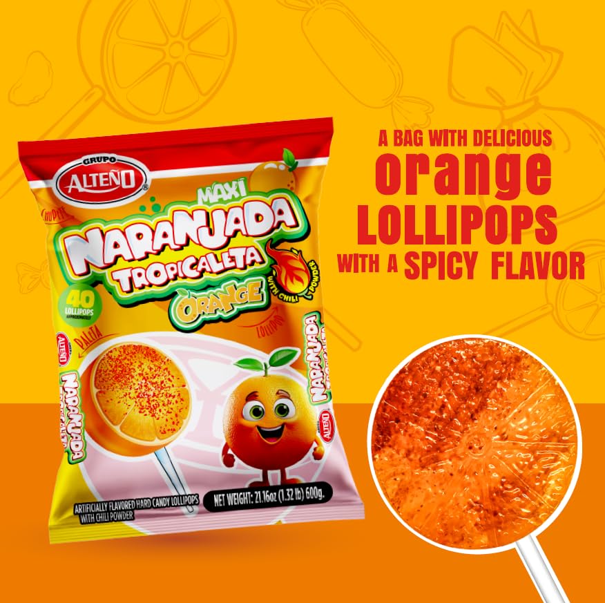 Alteño (Alteno) Maxi Naranjada Orange Lollipops, Mexican Style Hard Candy, Individually Wrapped, 40 Count