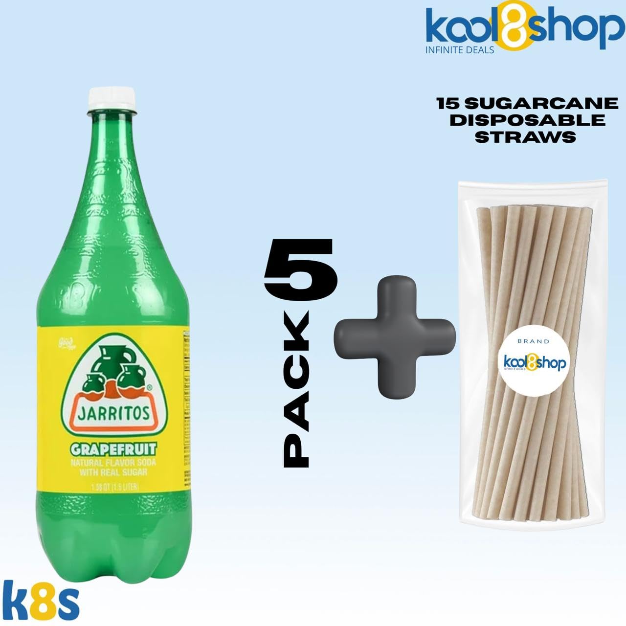 Jarritos Variety Collection Mexican Soft Soda Drink Flavors May Vary 1.5 Lt Plastic Bottles 5-Pack + 15 Sugarcane Disposable Straws by KOOL8SHOP Infinite Deals