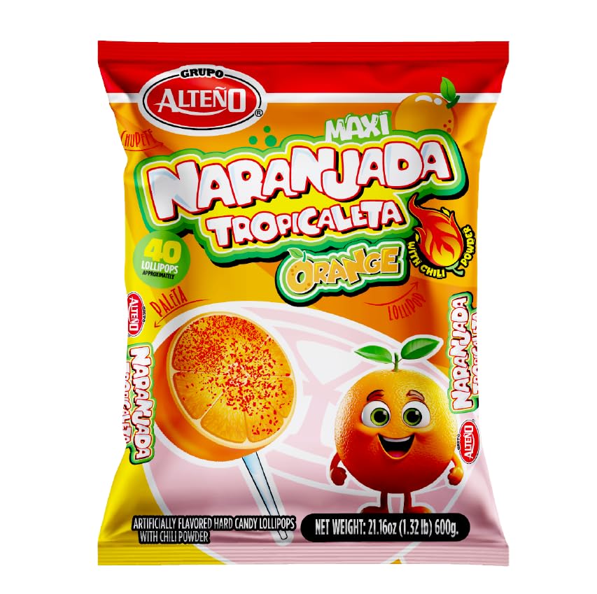 Alteño (Alteno) Maxi Naranjada Orange Lollipops, Mexican Style Hard Candy, Individually Wrapped, 40 Count