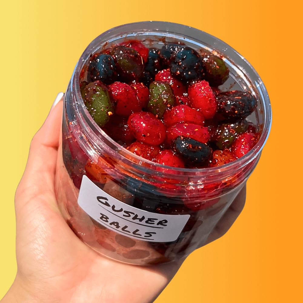 Chilitos Sweet, Sour & Spicy Chamoy Candy - Mexican Gummy Candy & Chamoy Gushers for All Ages, Authentic Dulces Mexicanos Enchilados as Seen on TikTok! (8 oz Jar, Gusher Balls Jar)