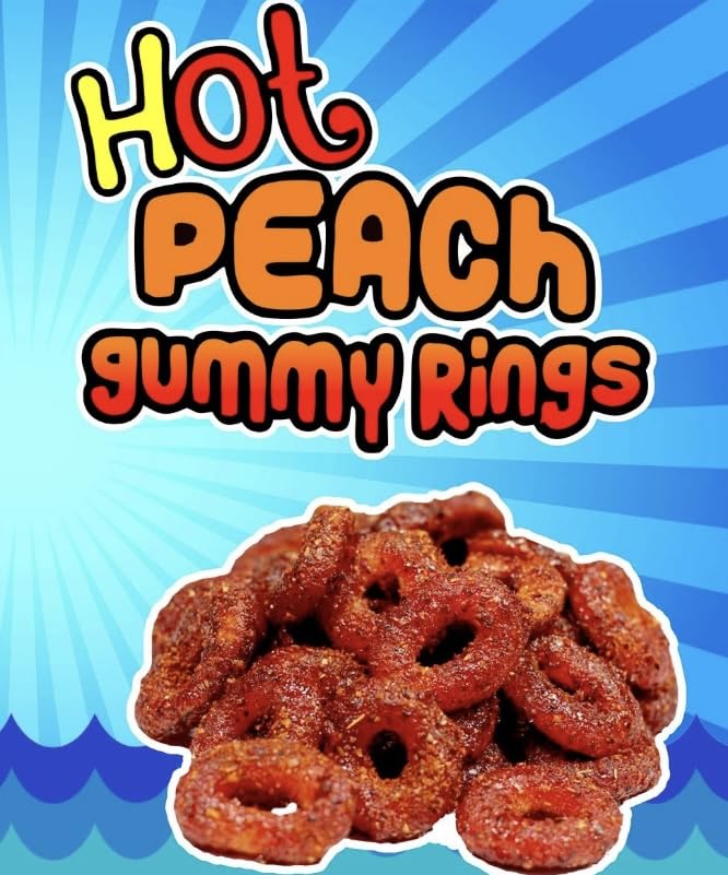 bloody peach gummy rings mexican dulces enchilados w/chamoy dip 11oz