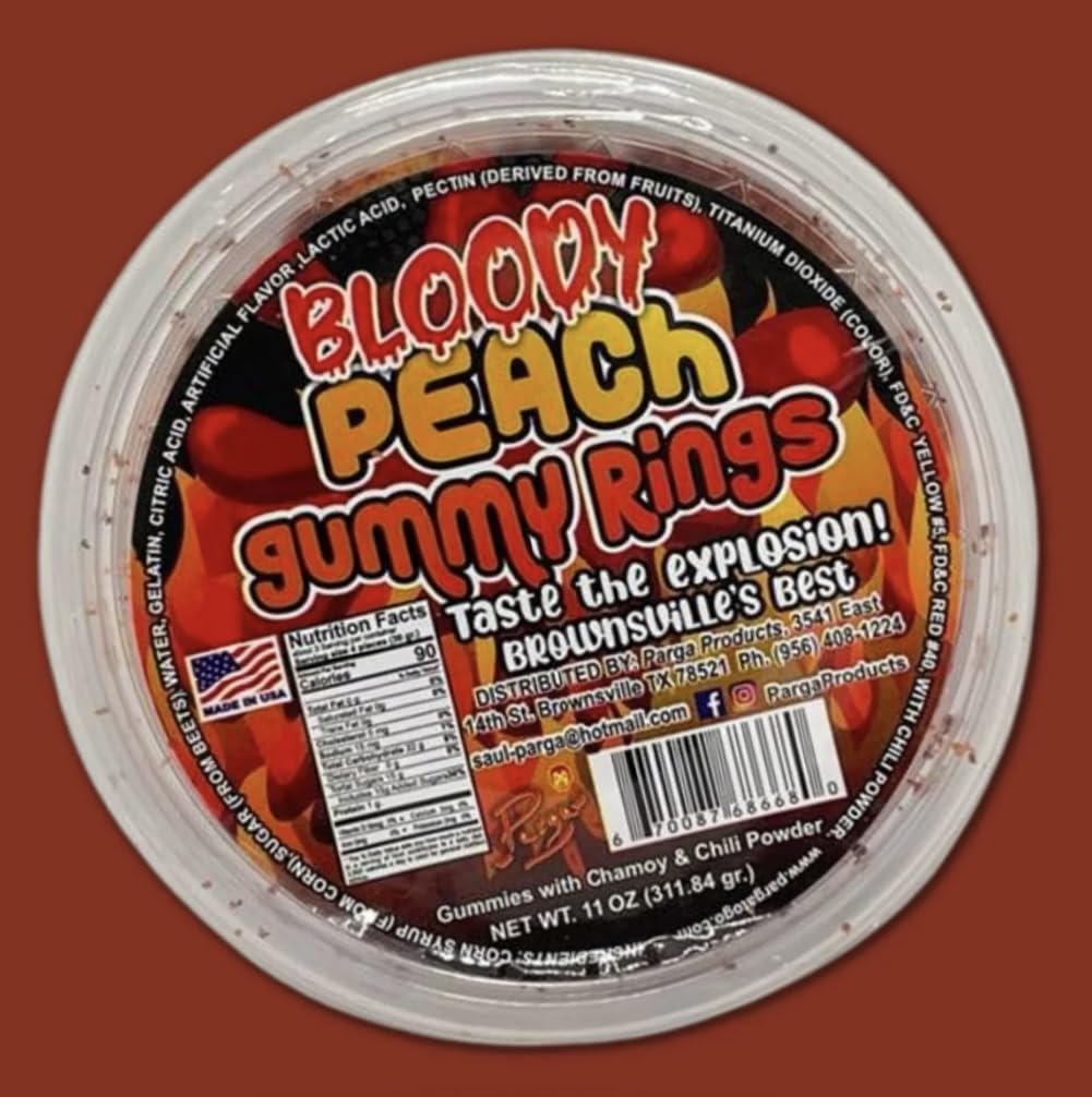 bloody peach gummy rings mexican dulces enchilados w/chamoy dip 11oz