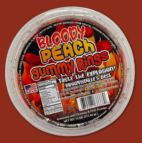 bloody peach gummy rings mexican dulces enchilados w/chamoy dip 11oz
