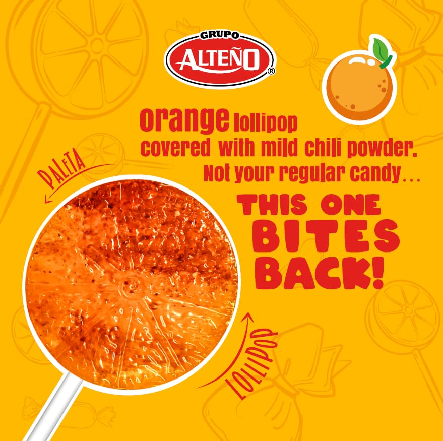 Alteño (Alteno) Maxi Naranjada Orange Lollipops, Mexican Style Hard Candy, Individually Wrapped, 40 Count