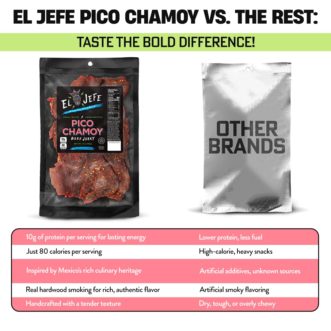 El Jefe Pico Chamoy Beef Jerky - Hand Crafted Small Batch Mexican Style Hispanic Slab Jerky - Bold & Authentic Flavor for Snacking and Entertaining! - 7oz