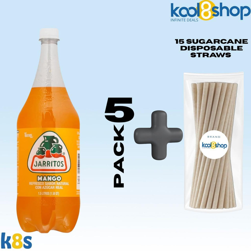Jarritos Variety Collection Mexican Soft Soda Drink Flavors May Vary 1.5 Lt Plastic Bottles 5-Pack + 15 Sugarcane Disposable Straws by KOOL8SHOP Infinite Deals