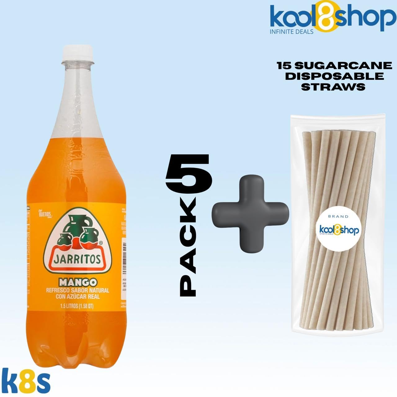 Jarritos Variety Collection Mexican Soft Soda Drink Flavors May Vary 1.5 Lt Plastic Bottles 5-Pack + 15 Sugarcane Disposable Straws by KOOL8SHOP Infinite Deals