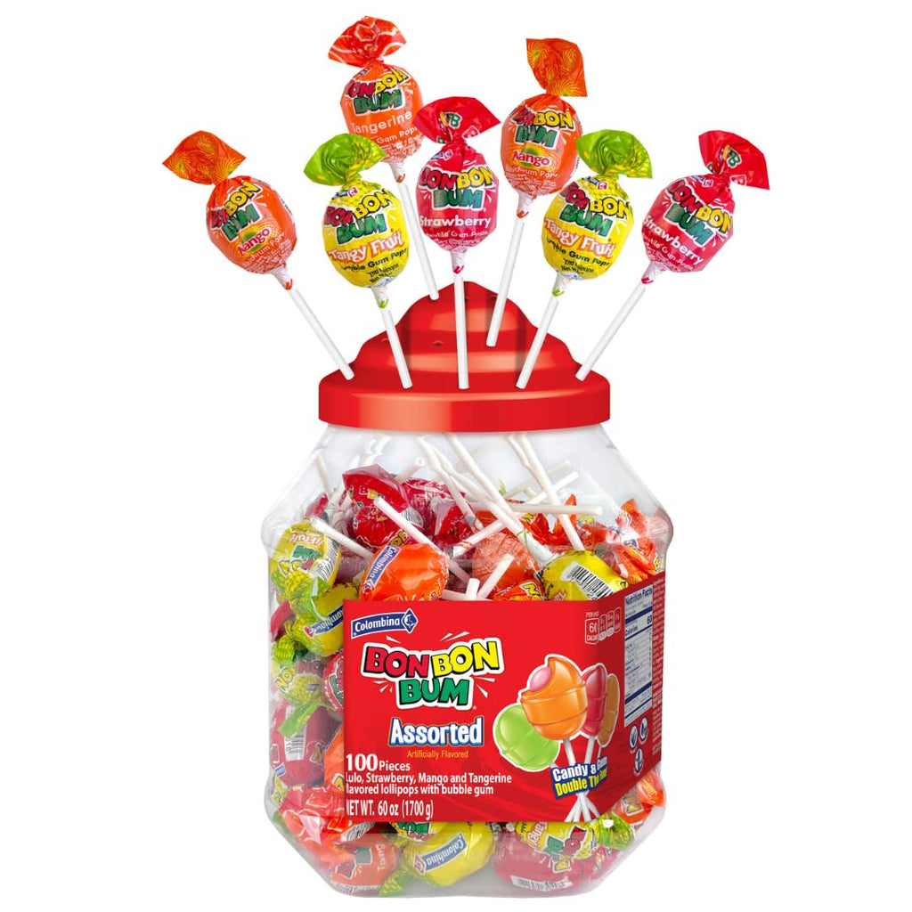 Colombina Bon Bon Bum Lollipops Assorted Flavor, 100 Count (1 Jar)