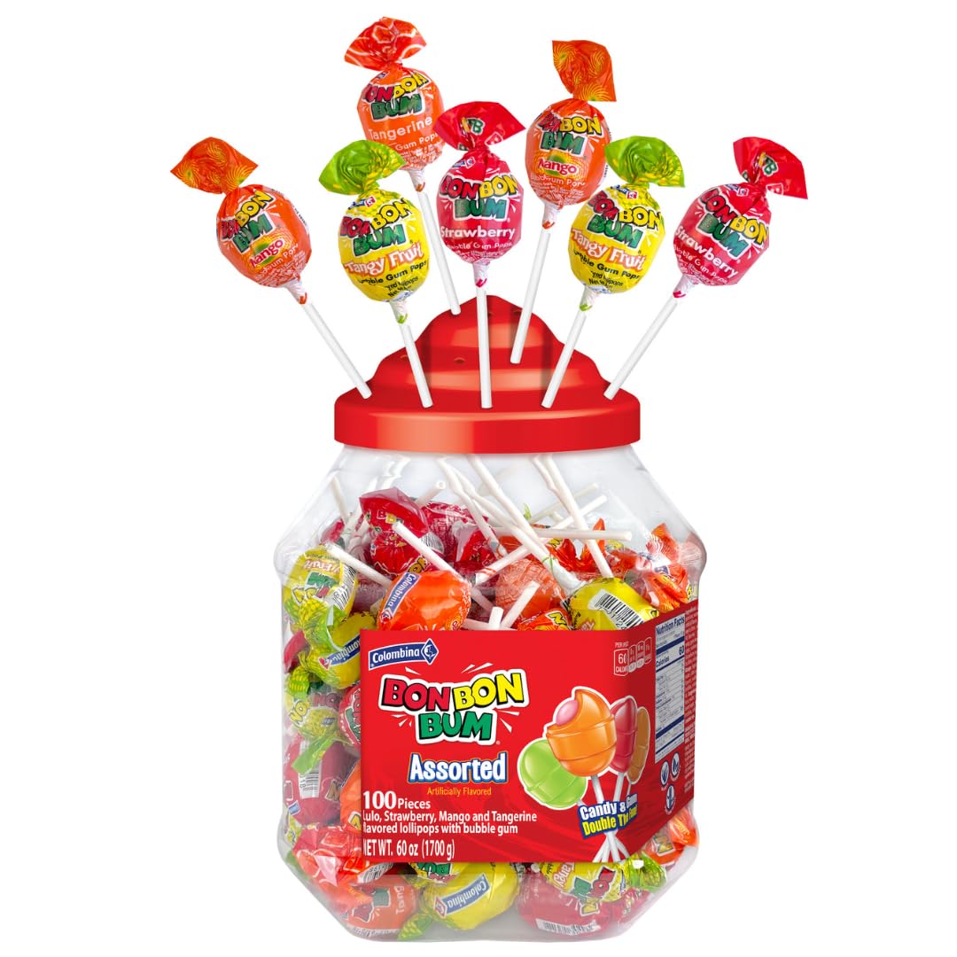 Colombina Bon Bon Bum Lollipops Assorted Flavor, 100 Count (1 Jar)