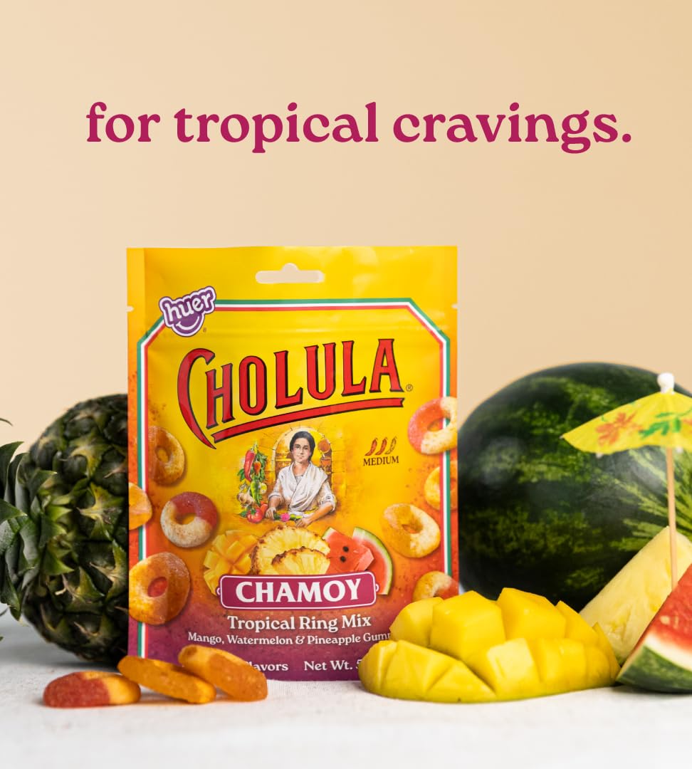 Huer – Cholula Chamoy Tropical Gummy Rings – Sweet & Spicy Mango, Watermelon & Pineapple Candy with Cholula Twist – 5oz Bag (Pack of 2)