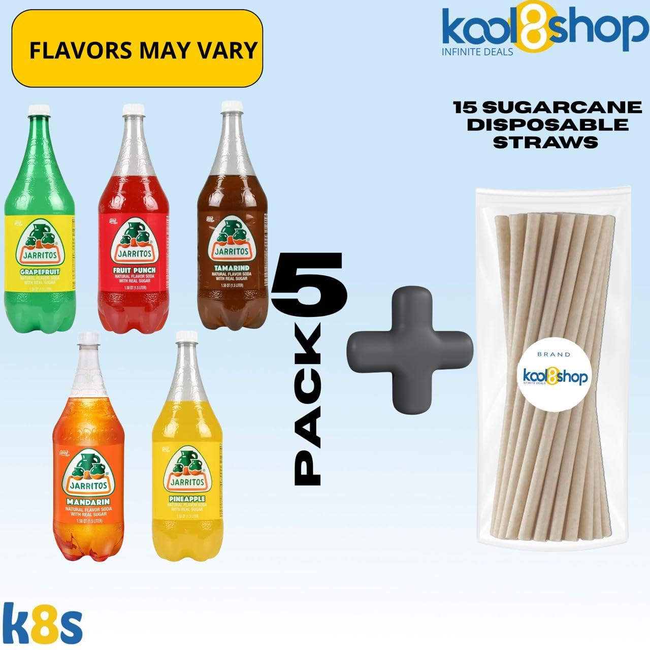 Jarritos Variety Collection Mexican Soft Soda Drink Flavors May Vary 1.5 Lt Plastic Bottles 5-Pack + 15 Sugarcane Disposable Straws by KOOL8SHOP Infinite Deals