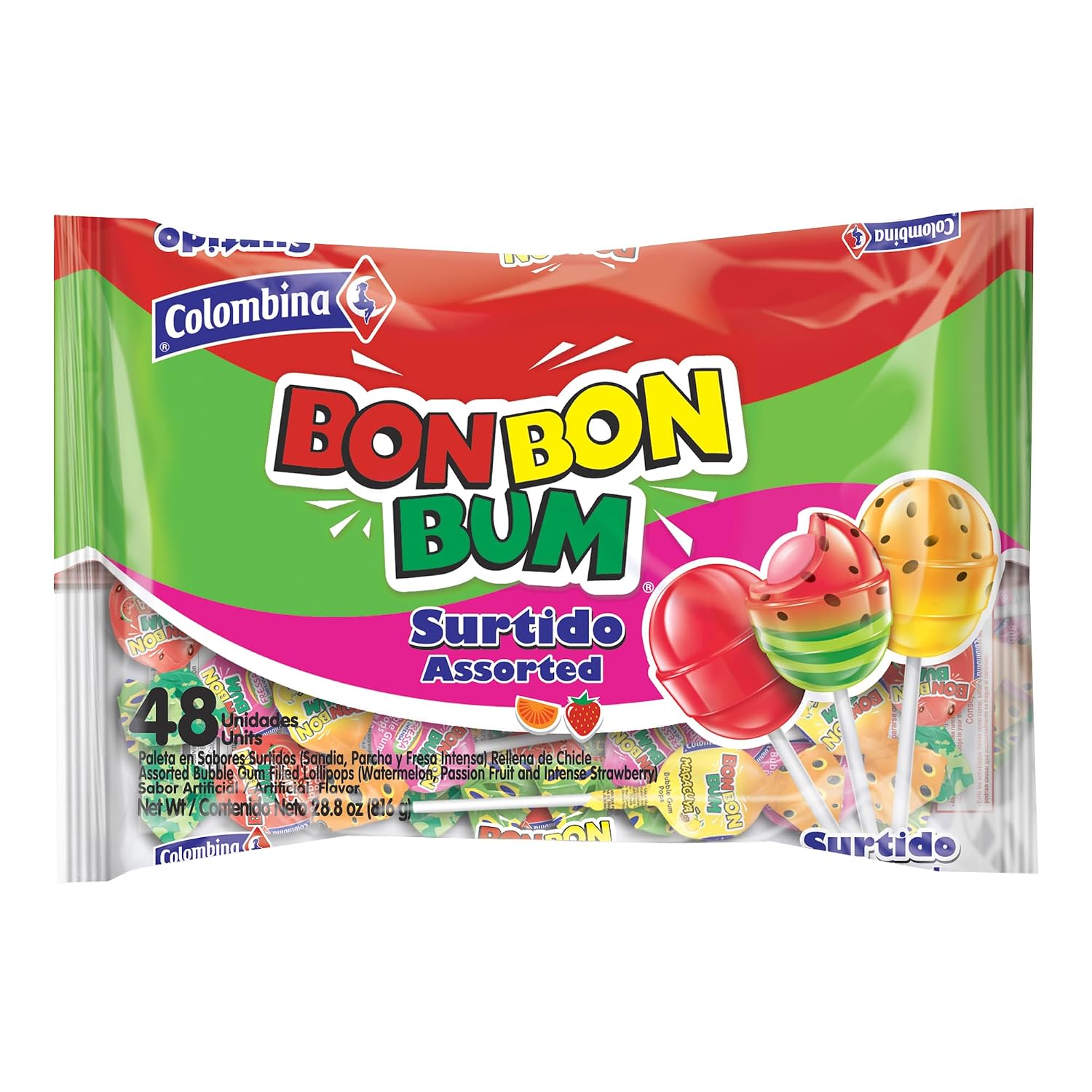Colombina Bon Bon Bum Passion Fruit Lollipops, Tropical Fruit Hard Candy, Individually Wrapped Candy Pops for Parties, Candy Bowl Refill, Office or Classroom Rewards, 24 Count