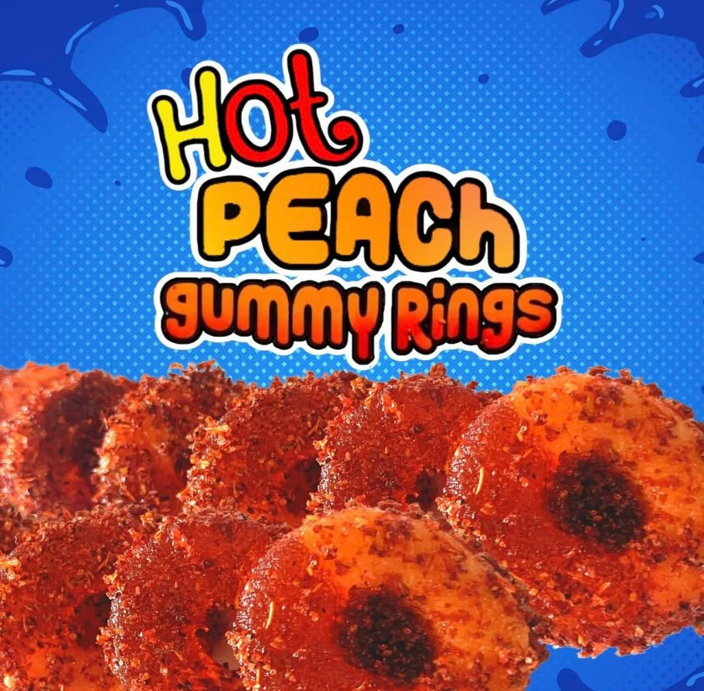 bloody peach gummy rings mexican dulces enchilados w/chamoy dip 11oz