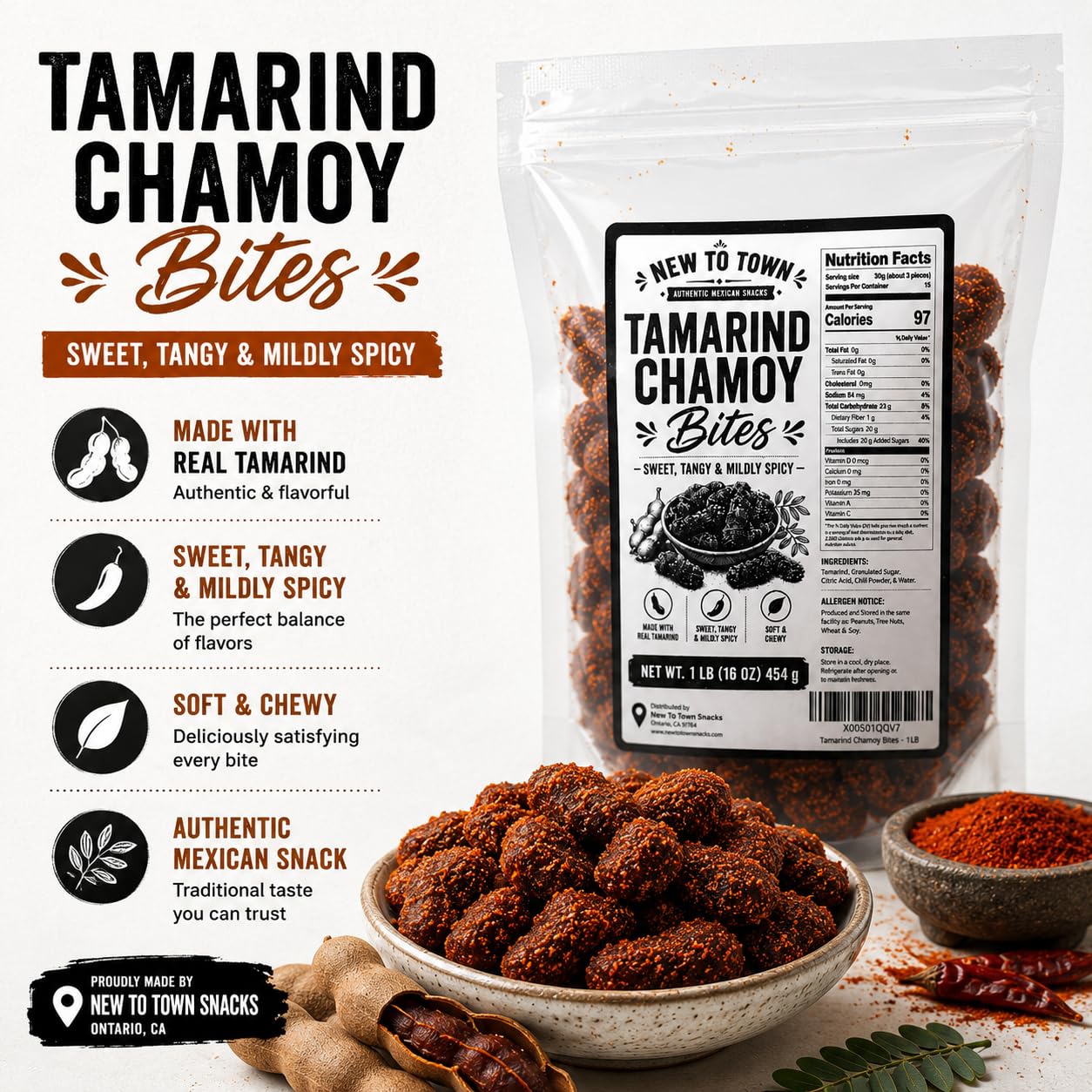 Tamarind Chamoy Candy 1 LB (16 oz) – Sweet, Tangy & Mildly Spicy Soft Tamarind Candy – Mexican Tamarindo Candy for Snacks, Treats & Desserts