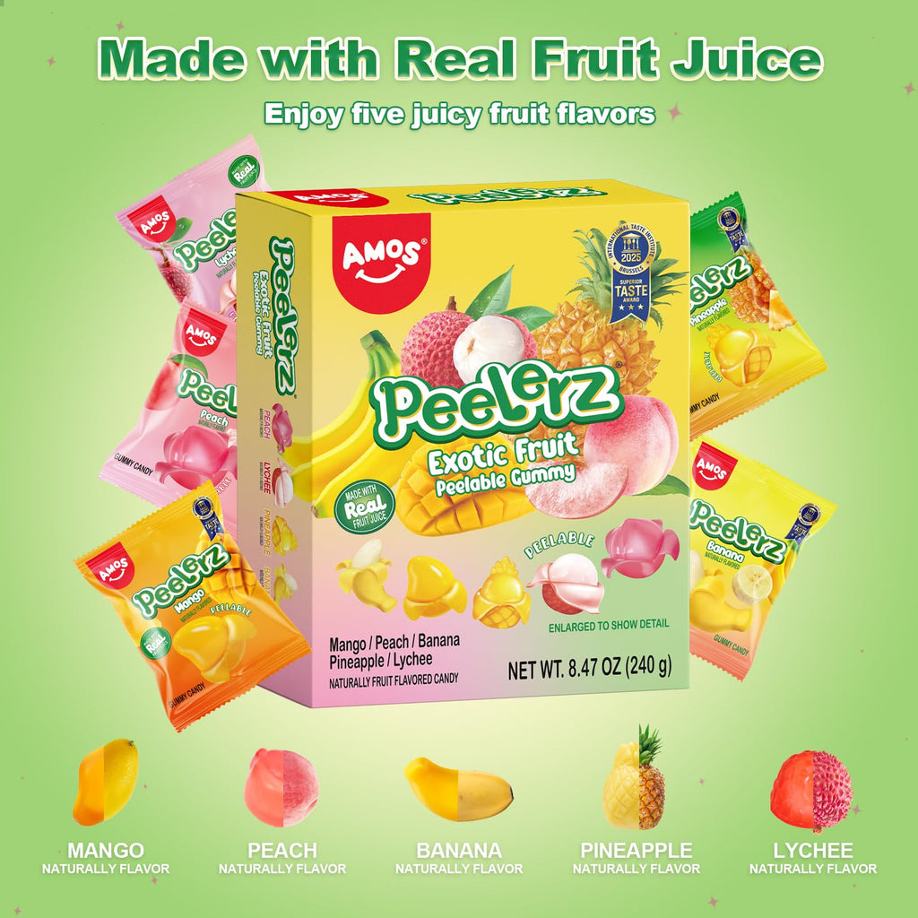 AMOS Peelerz Chili Mango Peelable Gummy Candy, Spicy Sweet Mango Flavor, Real Fruit Juice Infused, 8.47 OZ (240g)