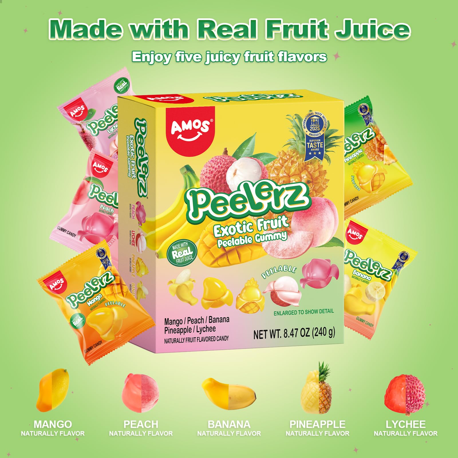 AMOS Peelerz Chili Mango Peelable Gummy Candy, Spicy Sweet Mango Flavor, Real Fruit Juice Infused, 8.47 OZ (240g)