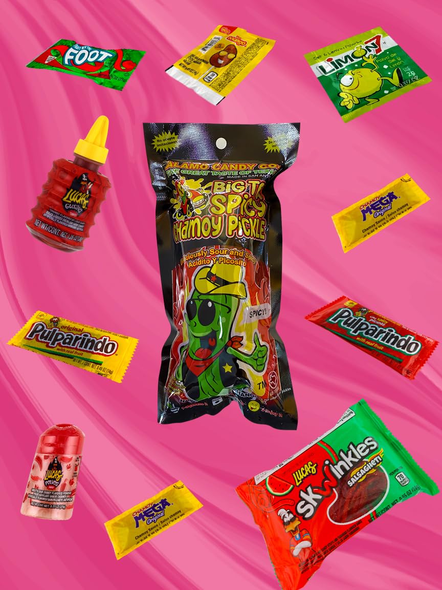 Alamo Hot Spicy Chamoy Pickle Kit, Mexican Candy Mix make the Famous TikTok Trend, (13 Pieces) Includes Original Alamo Spicy Dill Pickle, Baby Lucas, Lucas Gusano, Skwinkles Salsaghetti & and Other Mexican Candy by LookOn