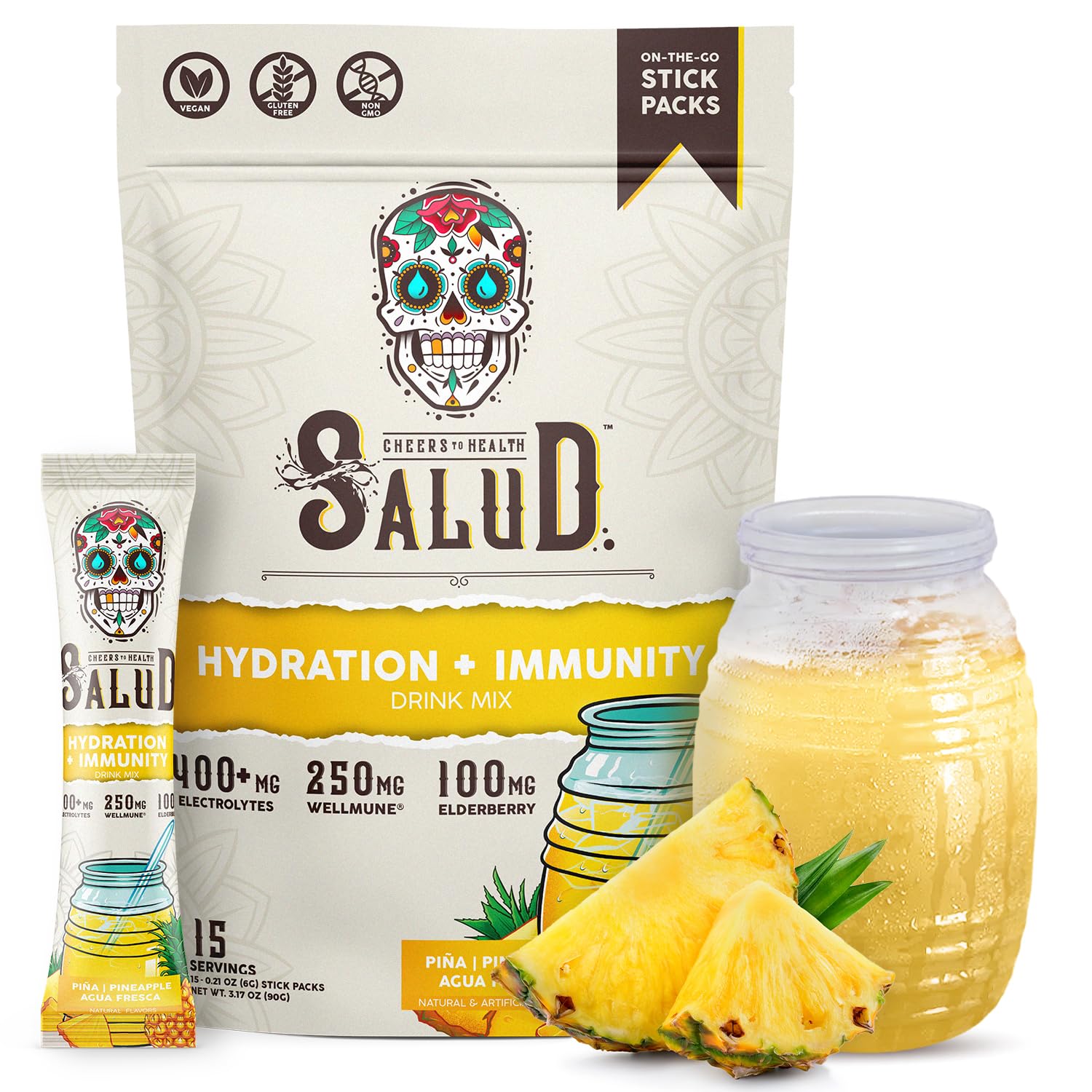 Salud x Jarritos 2-in-1 Hydration Packets + Immunity Electrolytes Powder, Guava - Agua Fresca Drink Mix, Elderberry, Dairy & Soy Free, Non-GMO, Gluten Free, Vegan, 1g Sugar (15 Servings)