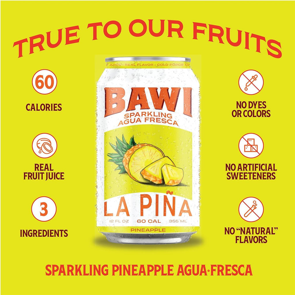 Bawi Sparkling Agua Fresca, 4 Pack Sparkling Water, Plant-Based, Low Calorie, Less Sugar, Mexican Drink Made in the USA (4 Count, Guava)