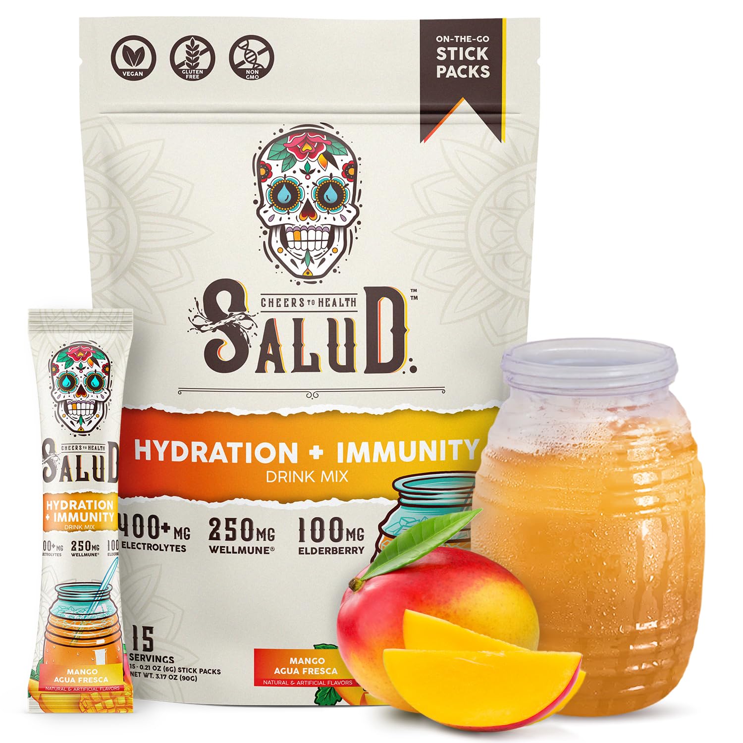 Salud x Jarritos 2-in-1 Hydration Packets + Immunity Electrolytes Powder, Guava - Agua Fresca Drink Mix, Elderberry, Dairy & Soy Free, Non-GMO, Gluten Free, Vegan, 1g Sugar (15 Servings)
