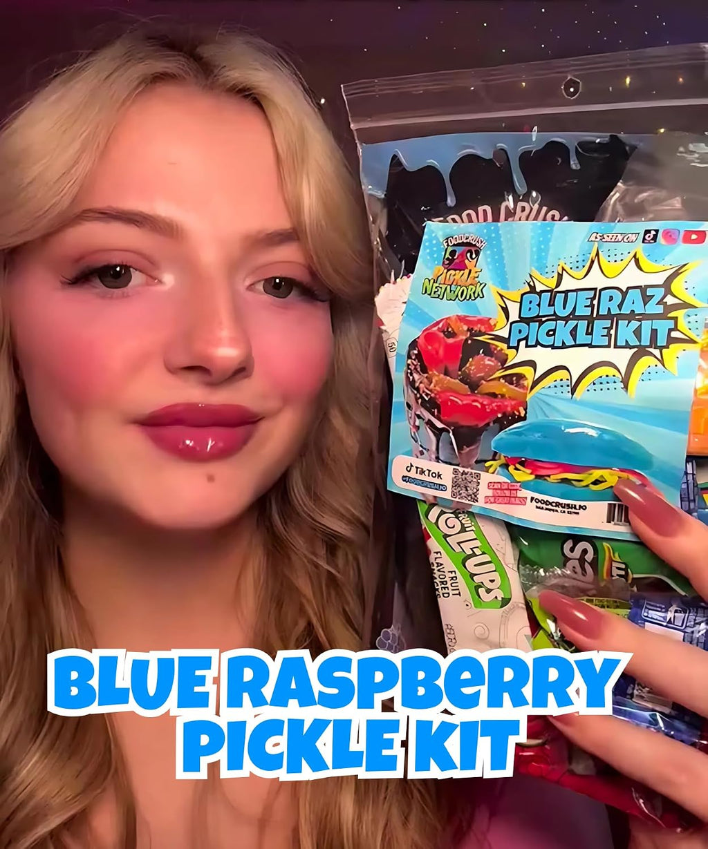 Ashley Dashley's-Chamoy Pickle Kit + Blue Raspberry Pickle Gift Pouch-w/Cotton Candy Crunch Powder, Fruit Roll Ups-Tiktok Trend Items by FoodCrush