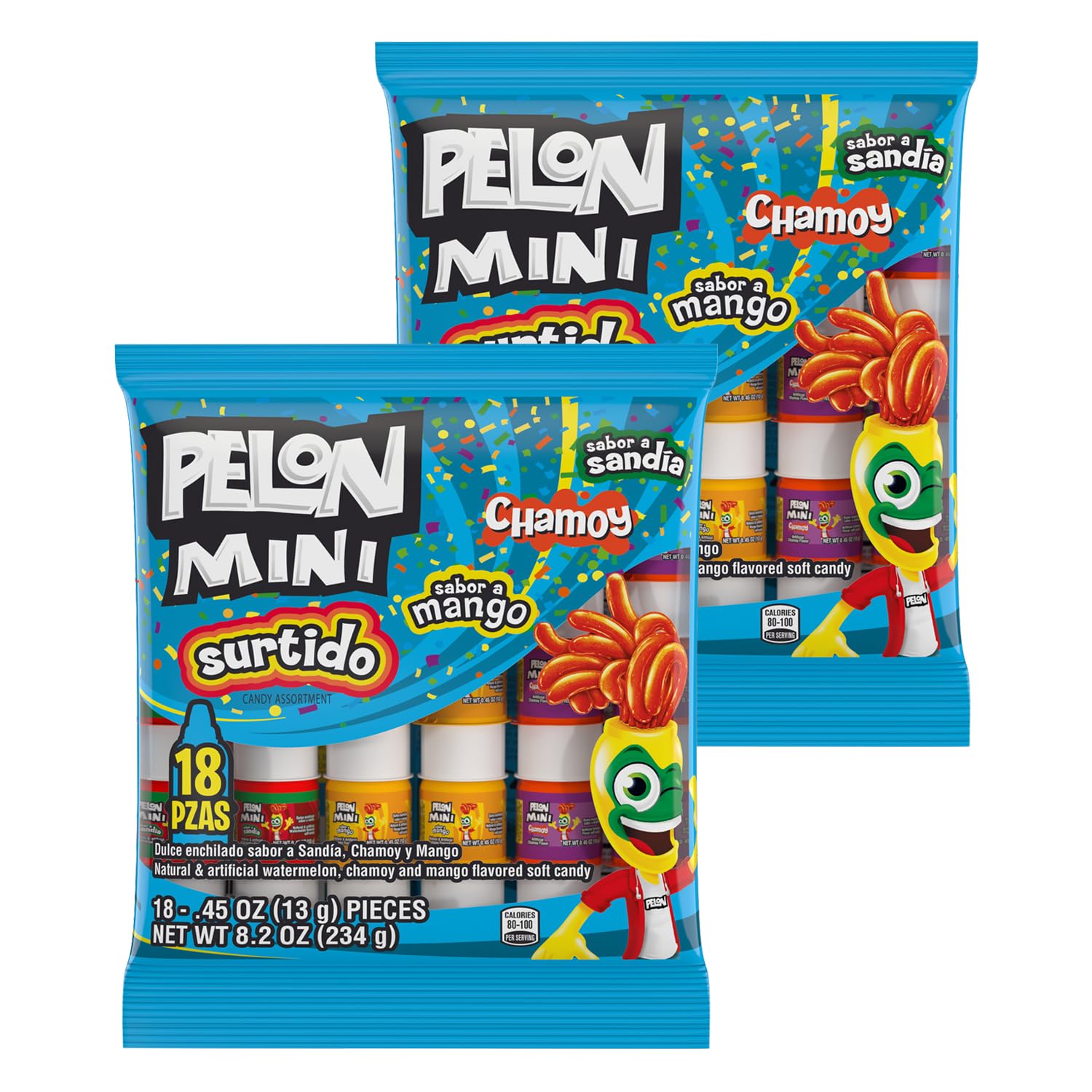 Pelon Pelo Rico Mini Assorted Watermelon, Mango, and Chamoy Candy, 0.45 oz, 18 Count (Pack of 1)