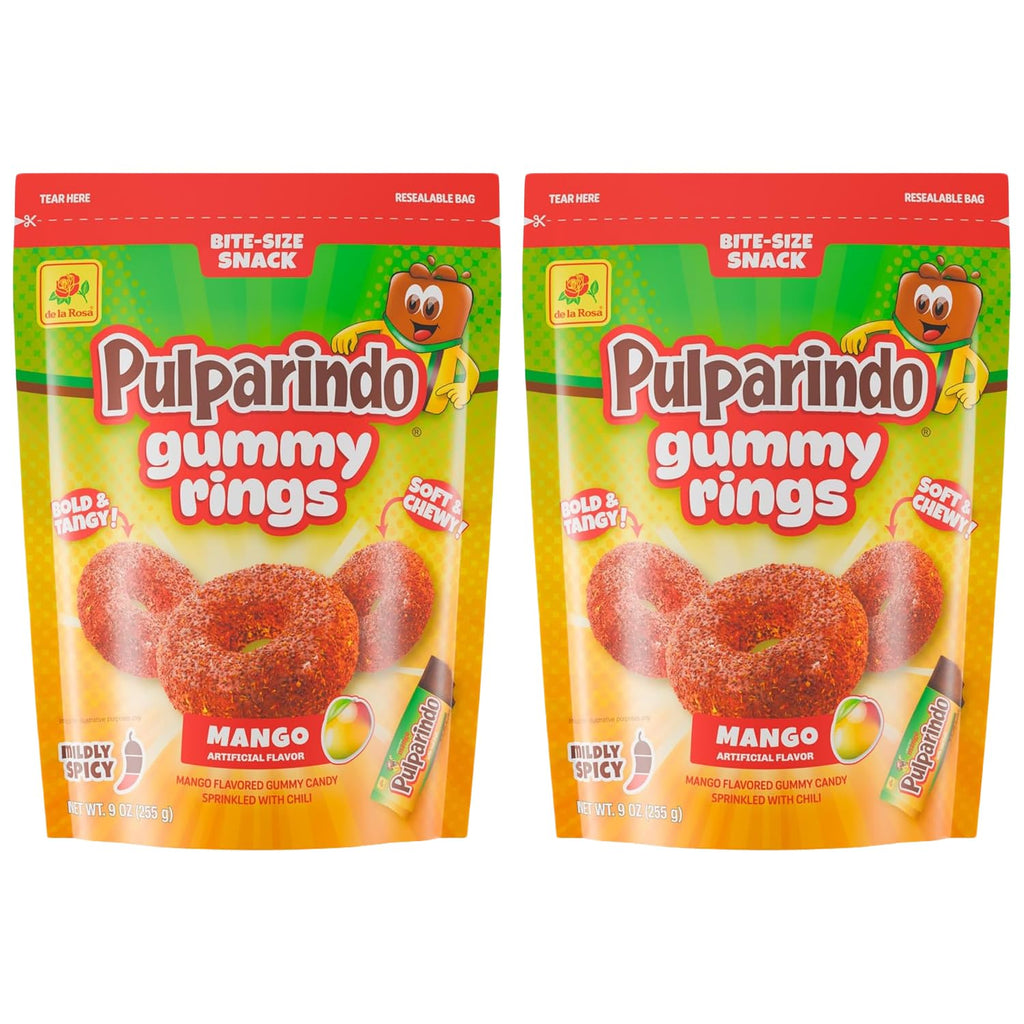 De la Rosa Pulparindo Gummy Rings Candy 9oz Bag (2 Pack) – Mildly Spicy Soft & Chewy Mexican Candy, Bite-Size Snack, Watermelon, Tamarind or Mango (Tamarind)