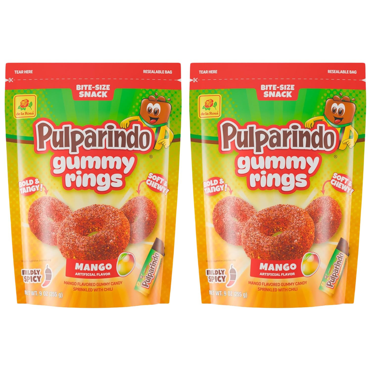 De la Rosa Pulparindo Gummy Rings Candy 9oz Bag (2 Pack) – Mildly Spicy Soft & Chewy Mexican Candy, Bite-Size Snack, Watermelon, Tamarind or Mango (Tamarind)