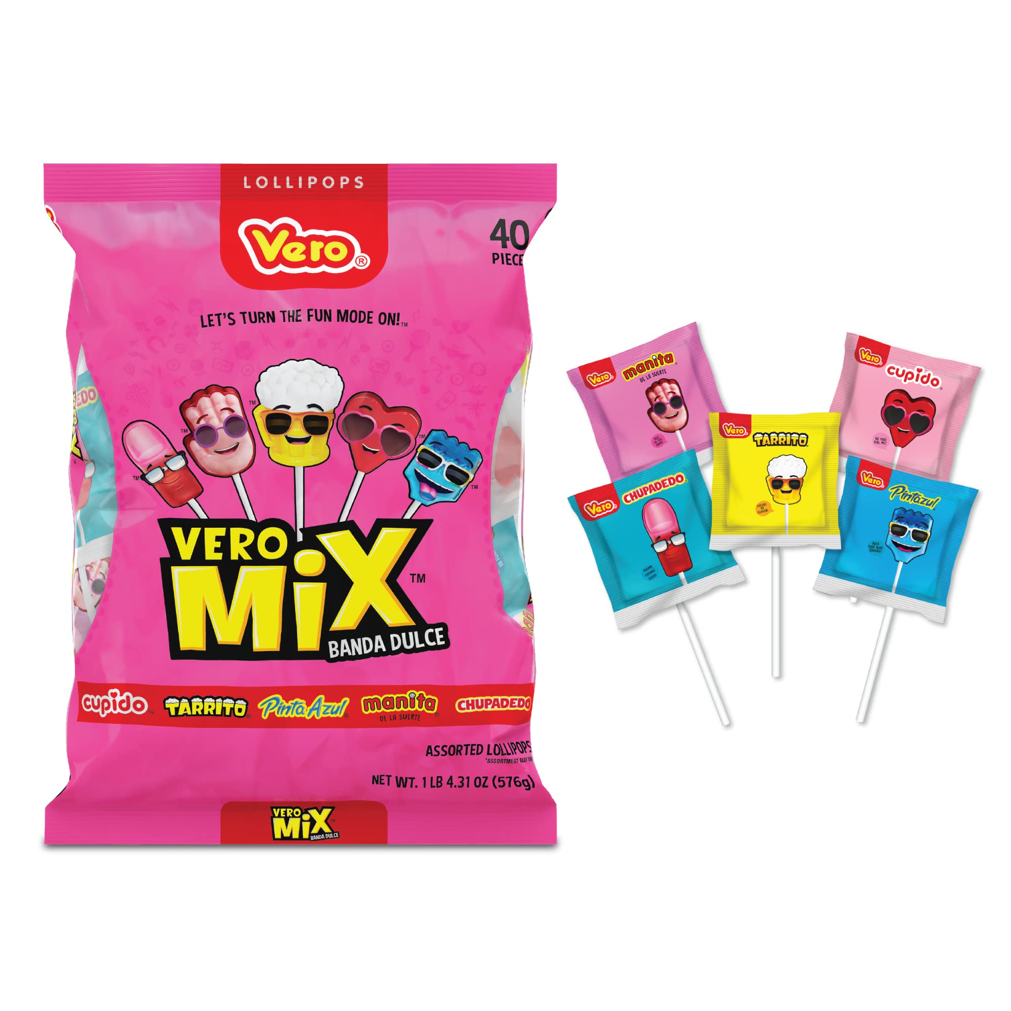Vero Mix Banda Dulce Assorted Sweet Lollipops, Artificially Flavored, 1 Pound 4.31 Ounces, 40 Count Bag