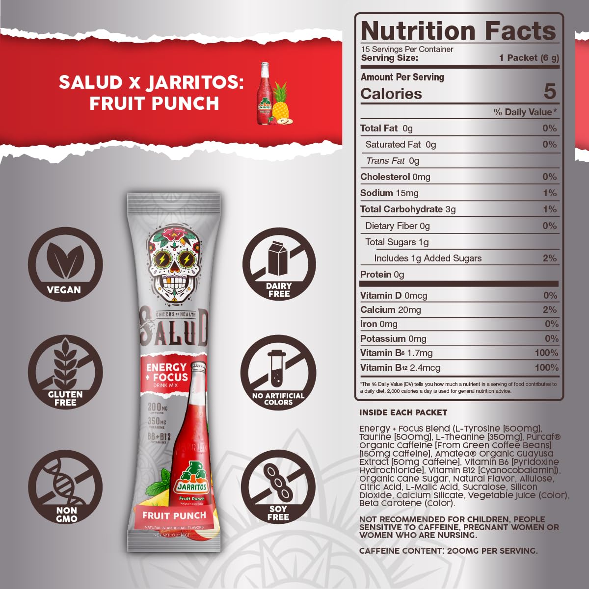 Salud x Jarritos 2-in-1 Energy Drink Powder + Focus, Lime, Organic Caffeine, B6 + B12, Theanine, Clean Energy Drink Packets, Limon Agua Fresca Mix, Non-GMO, Gluten Free, 1g of Sugar, (15 Servings)