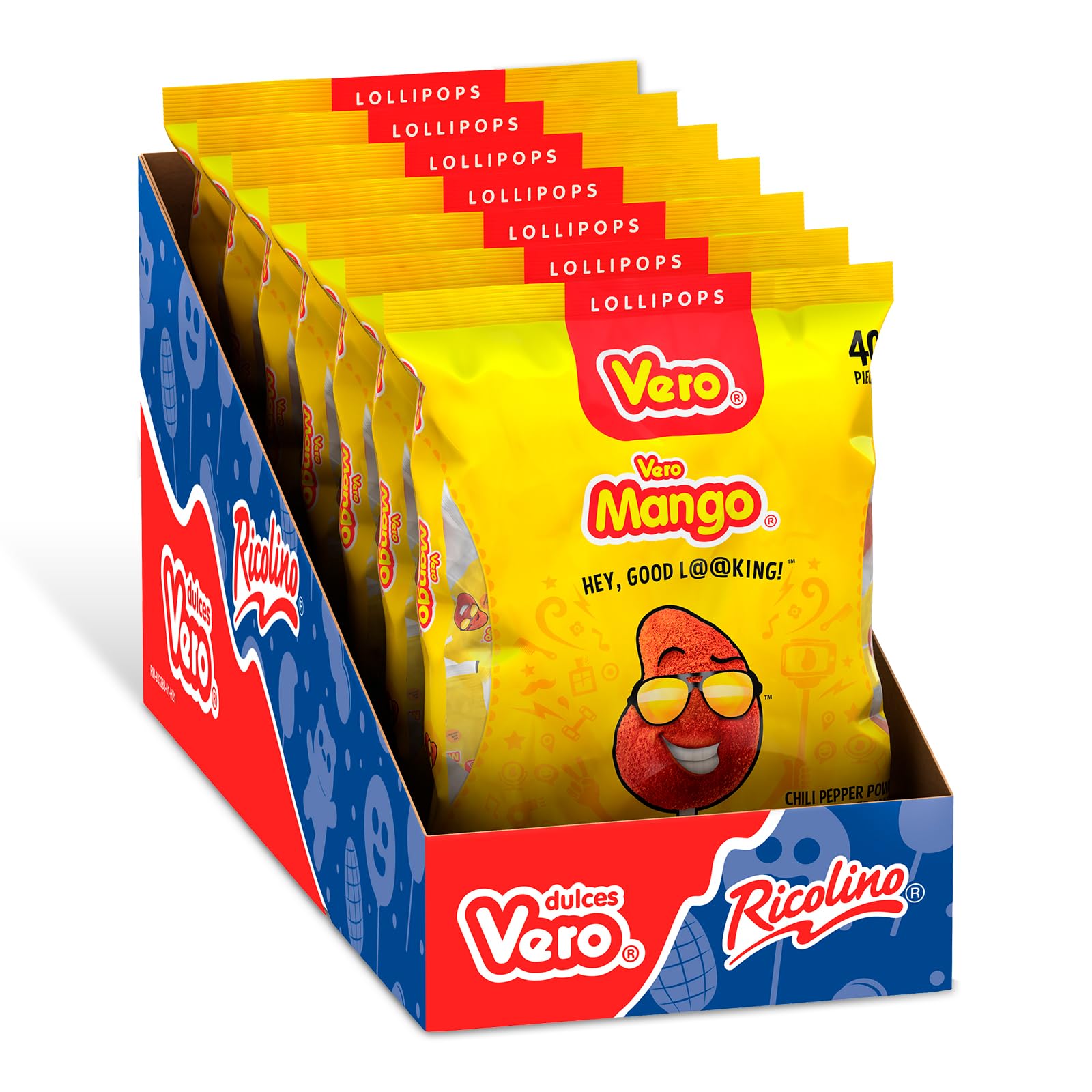 Vero Mango Flavored Lollipops Covered in Chili Powder 40 Count Bag (Net Wt. 22.4 Ounces) - Individually Wrapped Mexican Candy for Piñatas, Halloween, and More