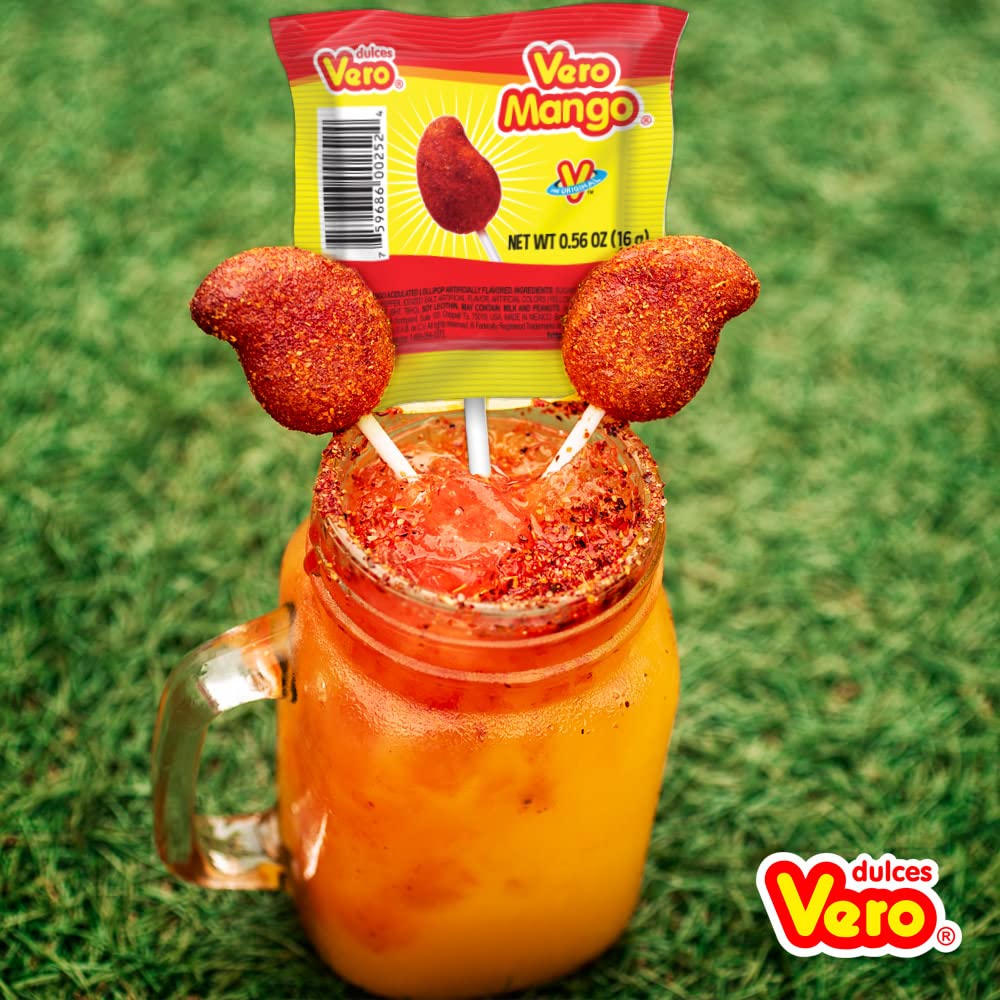 Vero Mango Flavored Lollipops Covered in Chili Powder 40 Count Bag (Net Wt. 22.4 Ounces) - Individually Wrapped Mexican Candy for Piñatas, Halloween, and More