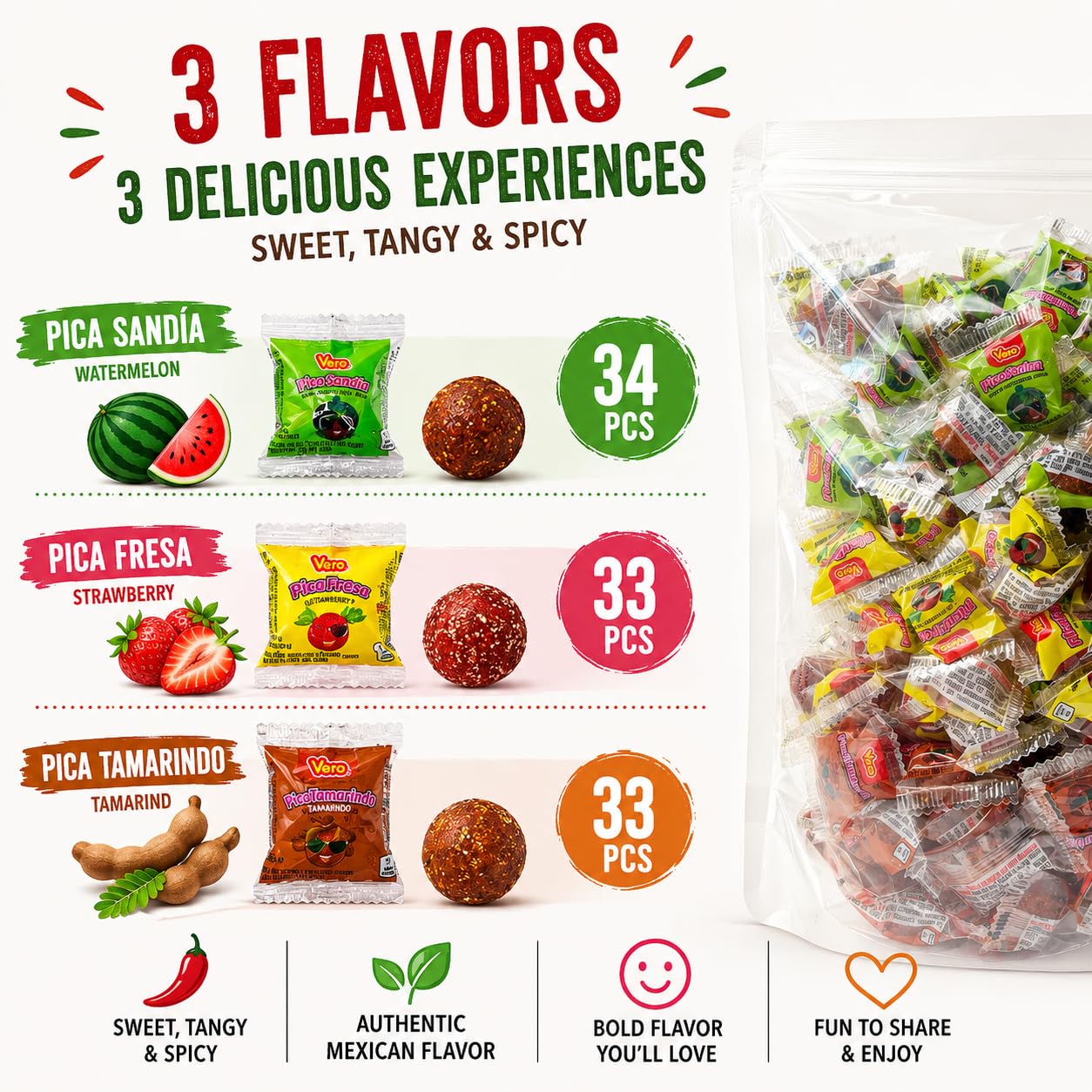 Vero Pica Mix Mexican Candy Variety Pack 100 Count, Hard Candy Strawberry Tamarind Watermelon, Dulces Mexicanos Candy Assortment by New to Town