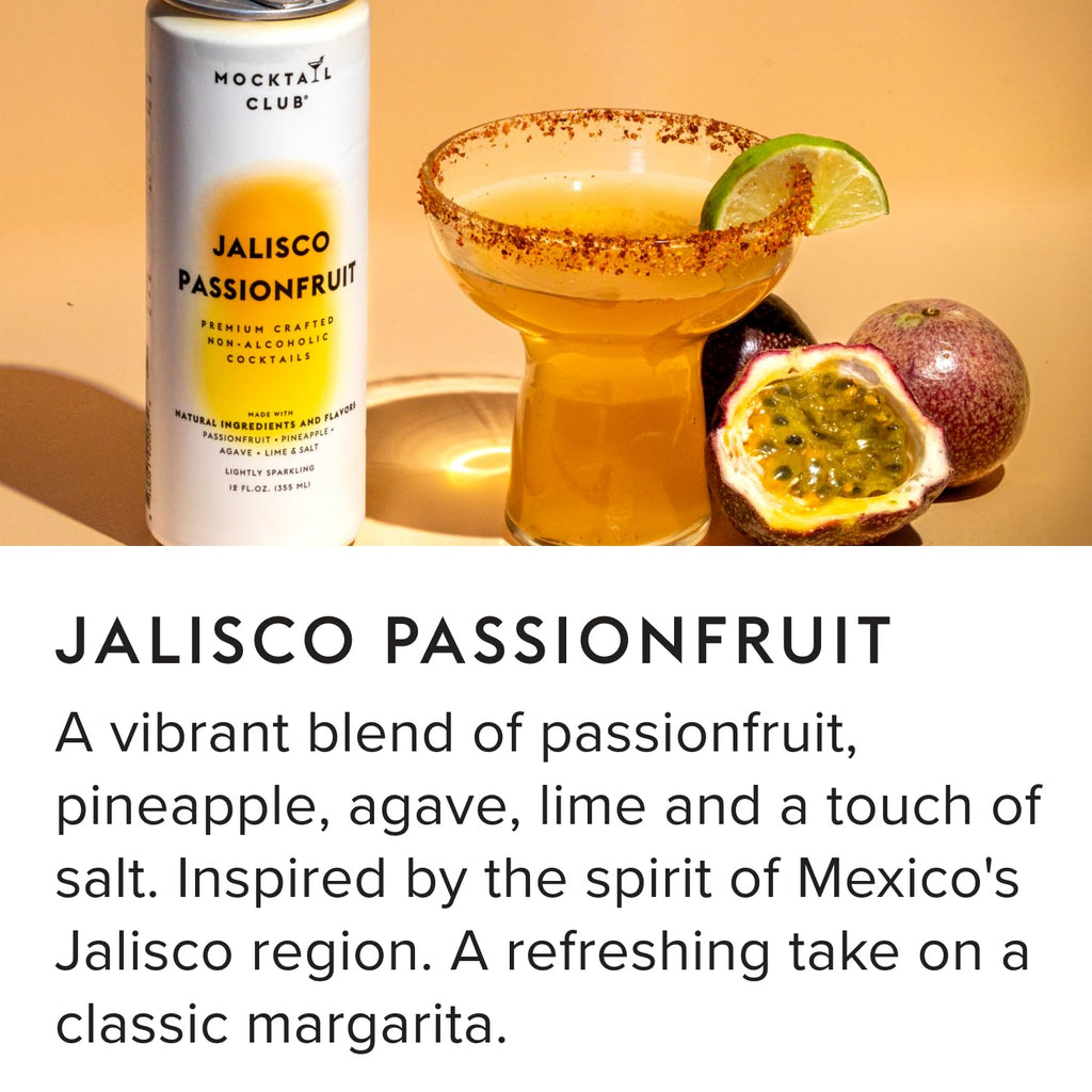 Mocktail Club Jalisco Passionfruit Sparkling Non-Alcoholic Cocktail 12oz (12pk), 80 Cals, Gluten-Free, No Artificial Ingredients, Zero Proof – with Passionfruit