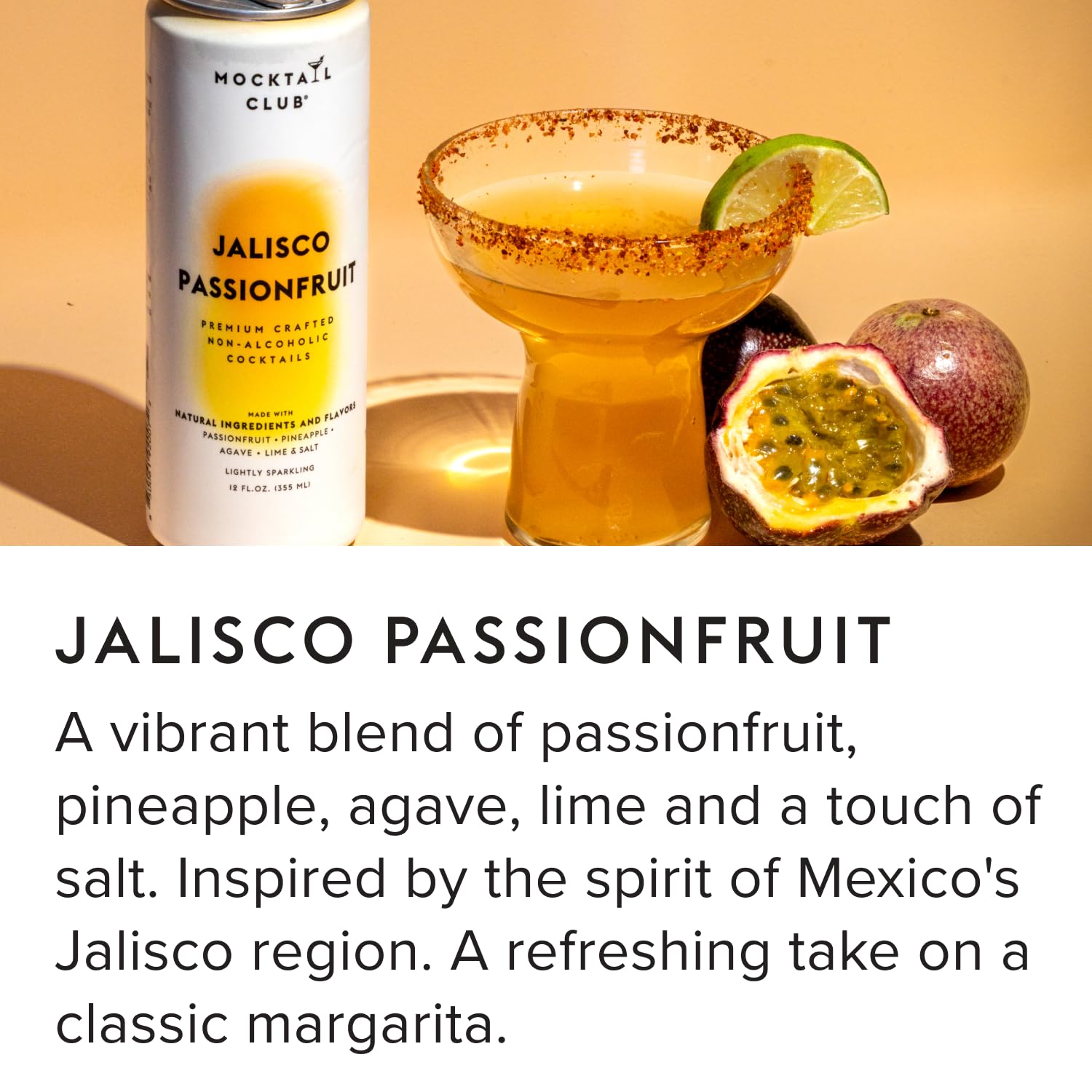 Mocktail Club Jalisco Passionfruit Sparkling Non-Alcoholic Cocktail 12oz (12pk), 80 Cals, Gluten-Free, No Artificial Ingredients, Zero Proof – with Passionfruit