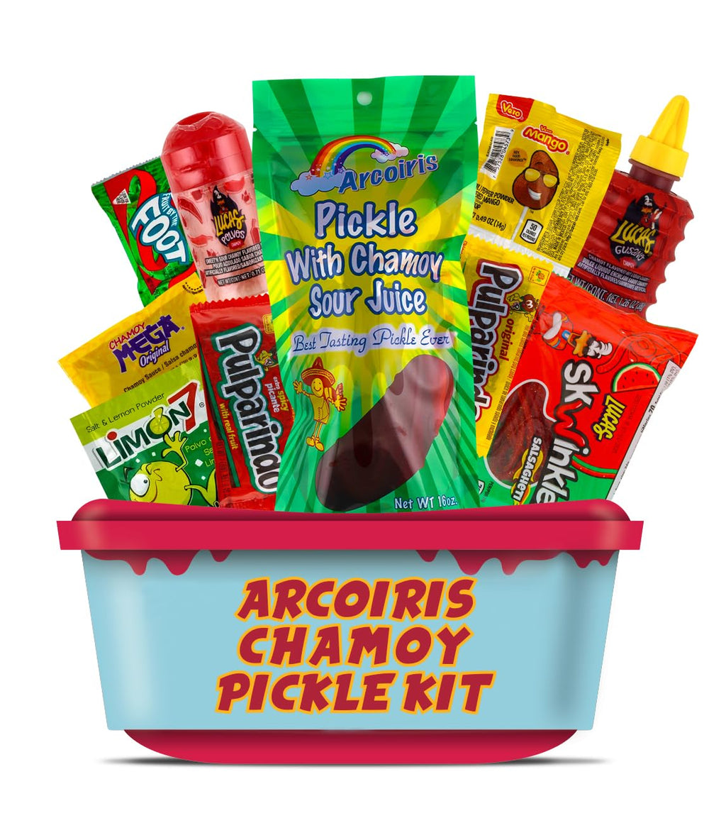 Arcoiris Sour Chamoy Pickle Kit, Ready to make the Famous Viral TikTok Trend, Includes Original Sour Dill Pickle, Baby Lucas, Lucas Gusano, Skwinkles Salsaghetti & and Other Mexican Candy by LookOn