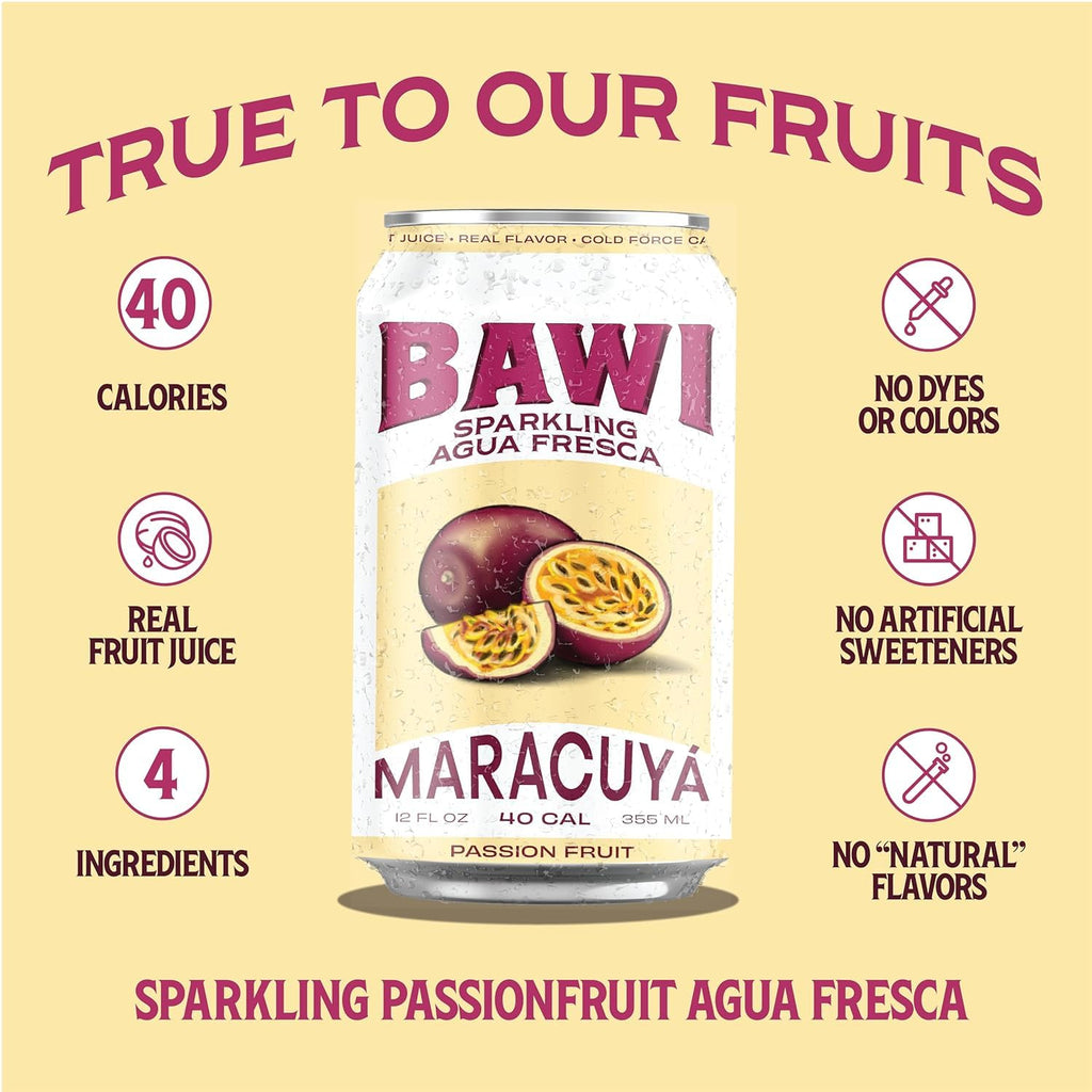 Bawi Sparkling Agua Fresca, 4 Pack Sparkling Water, Plant-Based, Low Calorie, Less Sugar, Mexican Drink Made in the USA (4 Count, Guava)