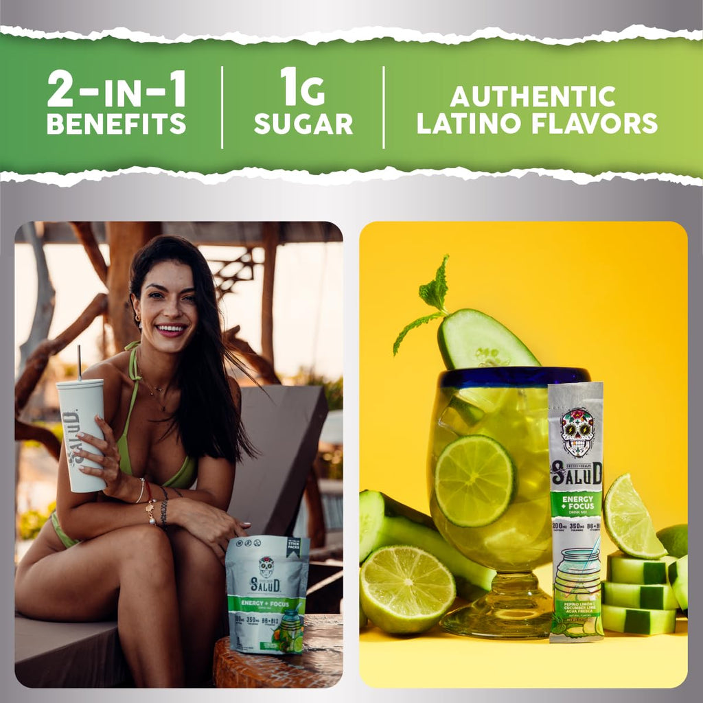 Salud x Jarritos 2-in-1 Energy Drink Powder + Focus, Lime, Organic Caffeine, B6 + B12, Theanine, Clean Energy Drink Packets, Limon Agua Fresca Mix, Non-GMO, Gluten Free, 1g of Sugar, (15 Servings)