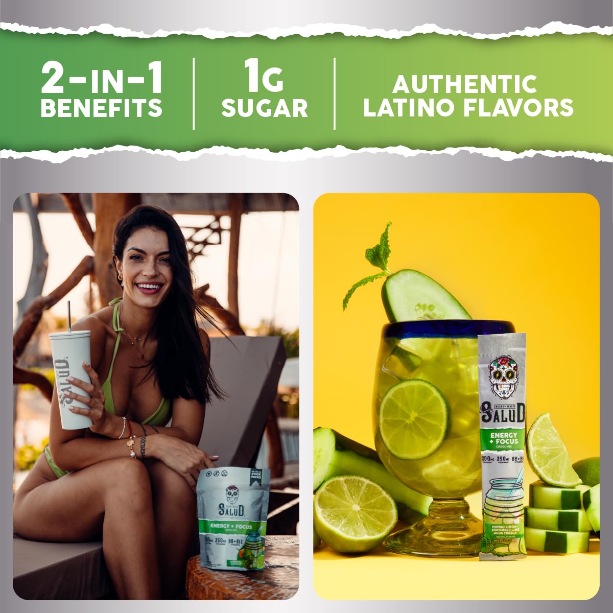 Salud x Jarritos 2-in-1 Energy Drink Powder + Focus, Lime, Organic Caffeine, B6 + B12, Theanine, Clean Energy Drink Packets, Limon Agua Fresca Mix, Non-GMO, Gluten Free, 1g of Sugar, (15 Servings)