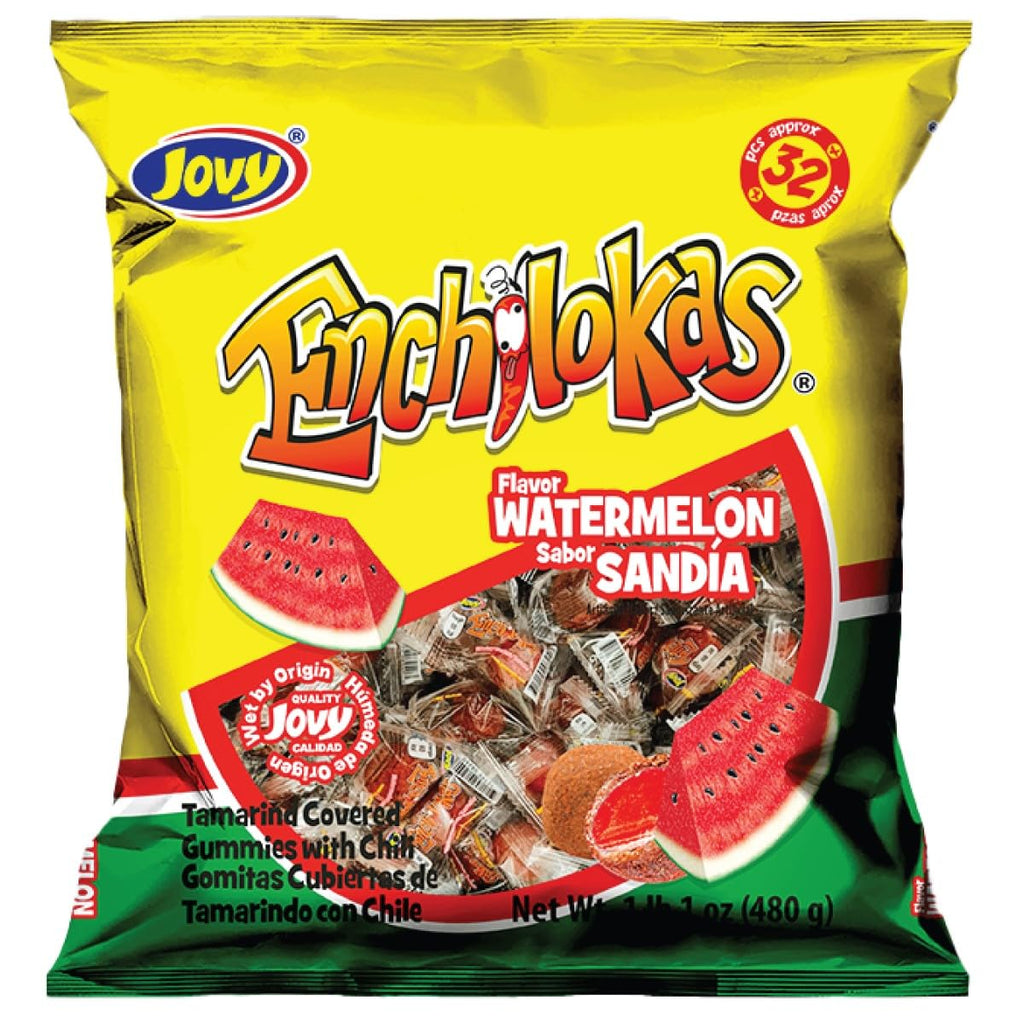 Jovy Enchilokas Candy. Mango Flavored Tamarind Covered Gummies With Chili. Net wt 1-lb 1-oz