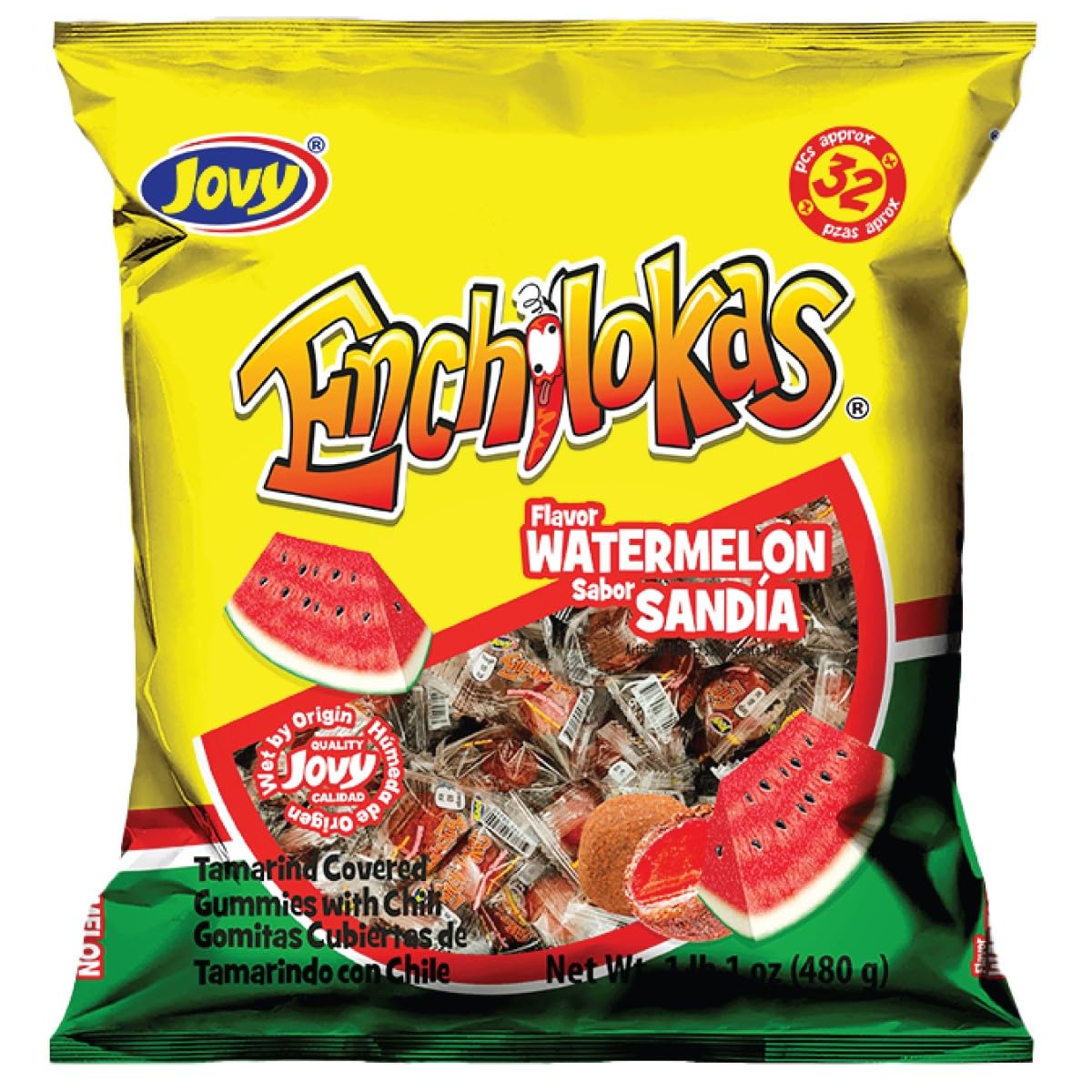 Jovy Enchilokas Candy. Mango Flavored Tamarind Covered Gummies With Chili. Net wt 1-lb 1-oz